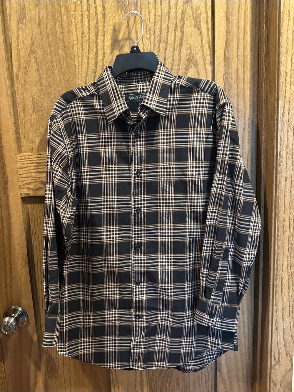 Men's Kenneth Roberts Platinum Black Gold and Cream Plaid Button-Up Shirt